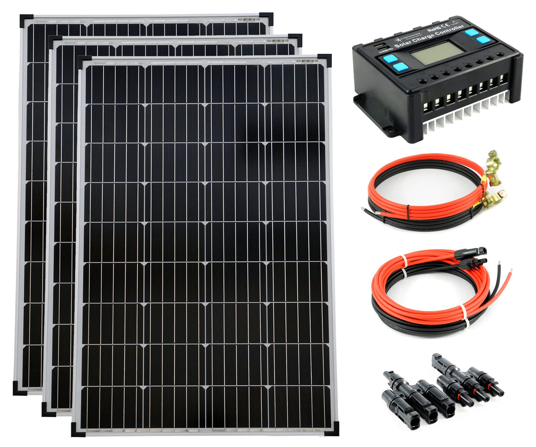 solartronics Kompletny zestaw 3 x 100 W, monokrystaliczny, 5 magistrali 20 A, regulator ładowania 12 V/24 V, kabel fotowoltaiczny