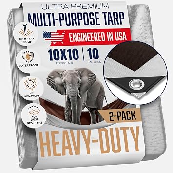 2 Pack 10x10 Heavy Duty Tarp, 10 Mil Thick, Waterproof, Tear & Fade Resistant, High Durability, UV Treated, Grommets Every 18 Inches. Silver/Brown - Reversible 10 x 10 Feet