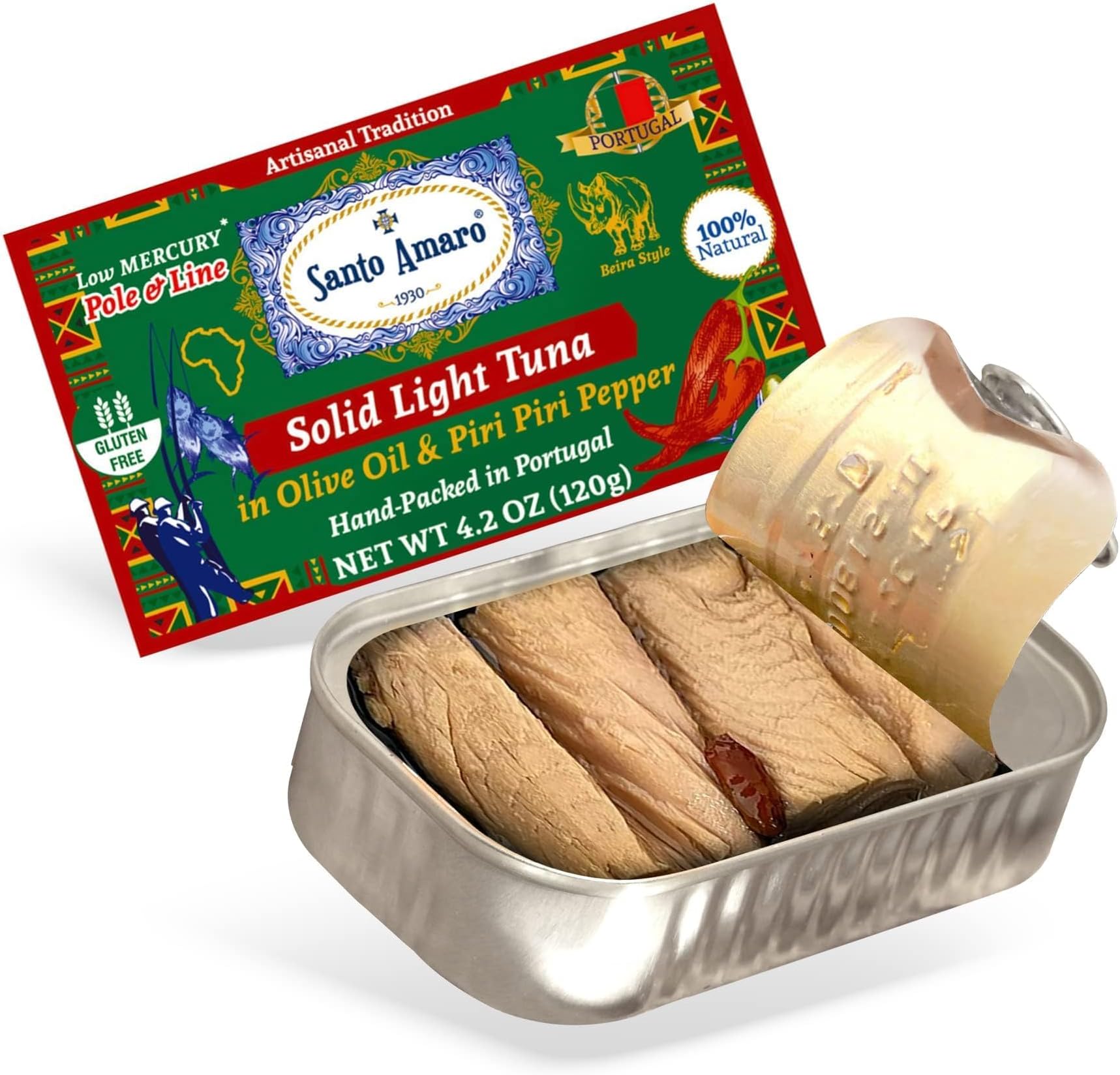 Santo Amaro - Artisanal Wild Tuna Fillets in Olive Oil & Red Piri Piri Pepper, Pole & Line Caught Tuna from Portugal, Hand-Packed Beira-Style Canned Tuna Fish, 22g Protein Keto, Low Mercury, Pack of 6