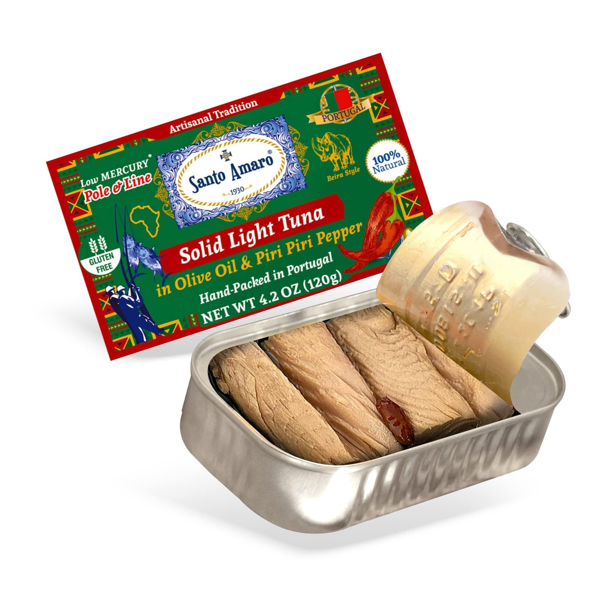 Santo Amaro - Artisanal Wild Tuna Fillets in Olive Oil & Red Piri Piri Pepper, Pole & Line Caught Tuna from Portugal, Hand-Packed Beira-Style Canned Tuna Fish, 22g Protein Keto, Low Mercury, Pack of 6
