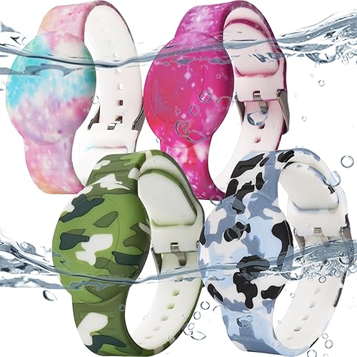 Miniatura 17 de Paquete de 4 pulseras impermeables AirTag para niños, pulsera impresa oculta para Apple AirTag, soporte de silicona AirTag para rastreador