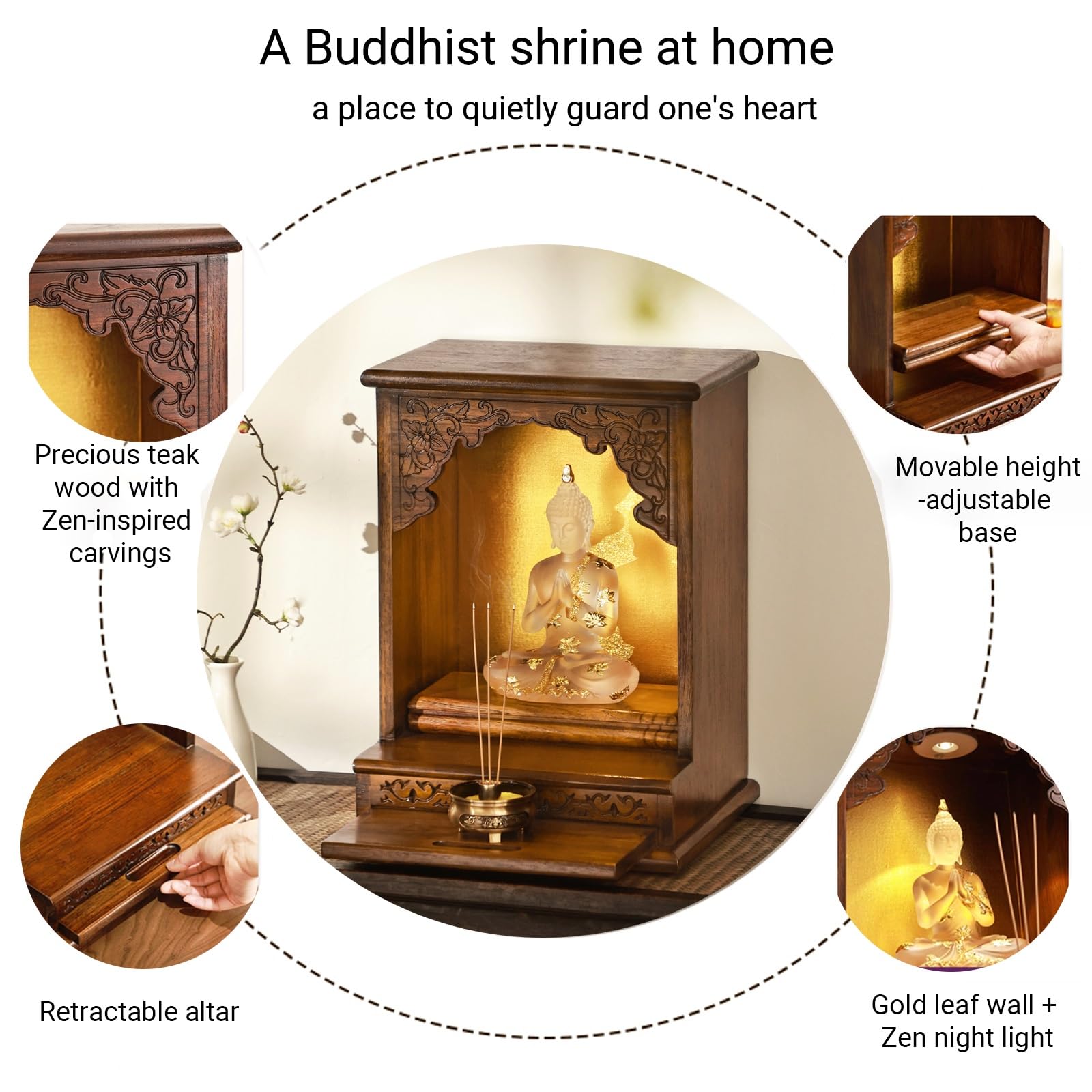 Mobile da altare for santuario buddista in legno di teak montato a parete con cassetto e luce(Desktop)