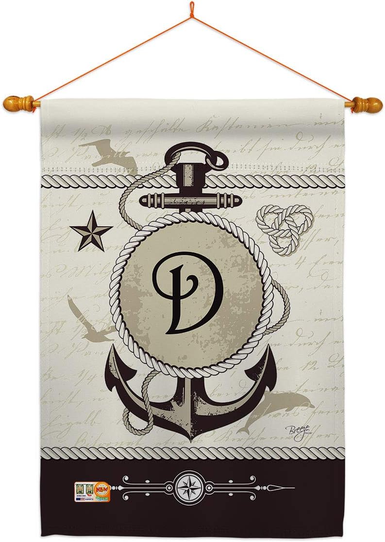 Nautical D Initial House Flag Dowel Set Monogram Coastal Anchor Sailor Sea Shells Outdoor Summer Ocean Small Decorative Gift Yard Banner Made In USA 28 X 40