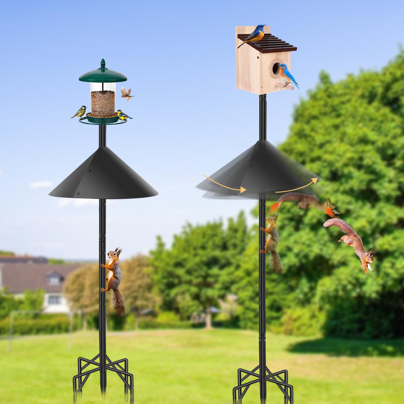 Vogelfutterstation mit Eichhörnchen-Leitblech, 233,7 cm, robuster Metallständer | Vogelhaus mit 5 Zinken, Bodenbasis, 2 Platten für smarten Vogelfutterspender, rostfreier Außenpfosten für Bluebird Häuser