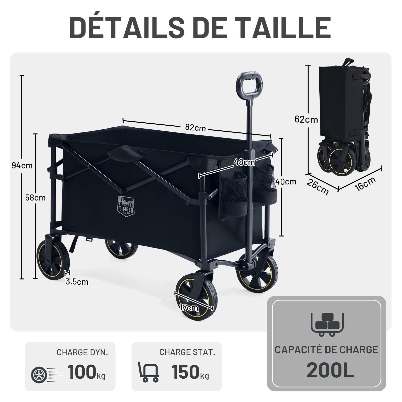TIMBER RIDGE Chariot Camping Pliable 200L avec Porte-gobelet Poignée Réglable Chariot de Jardin pour Tous Les Terrains Extérieur Camping Shopping Pêche Charge Max 150kg