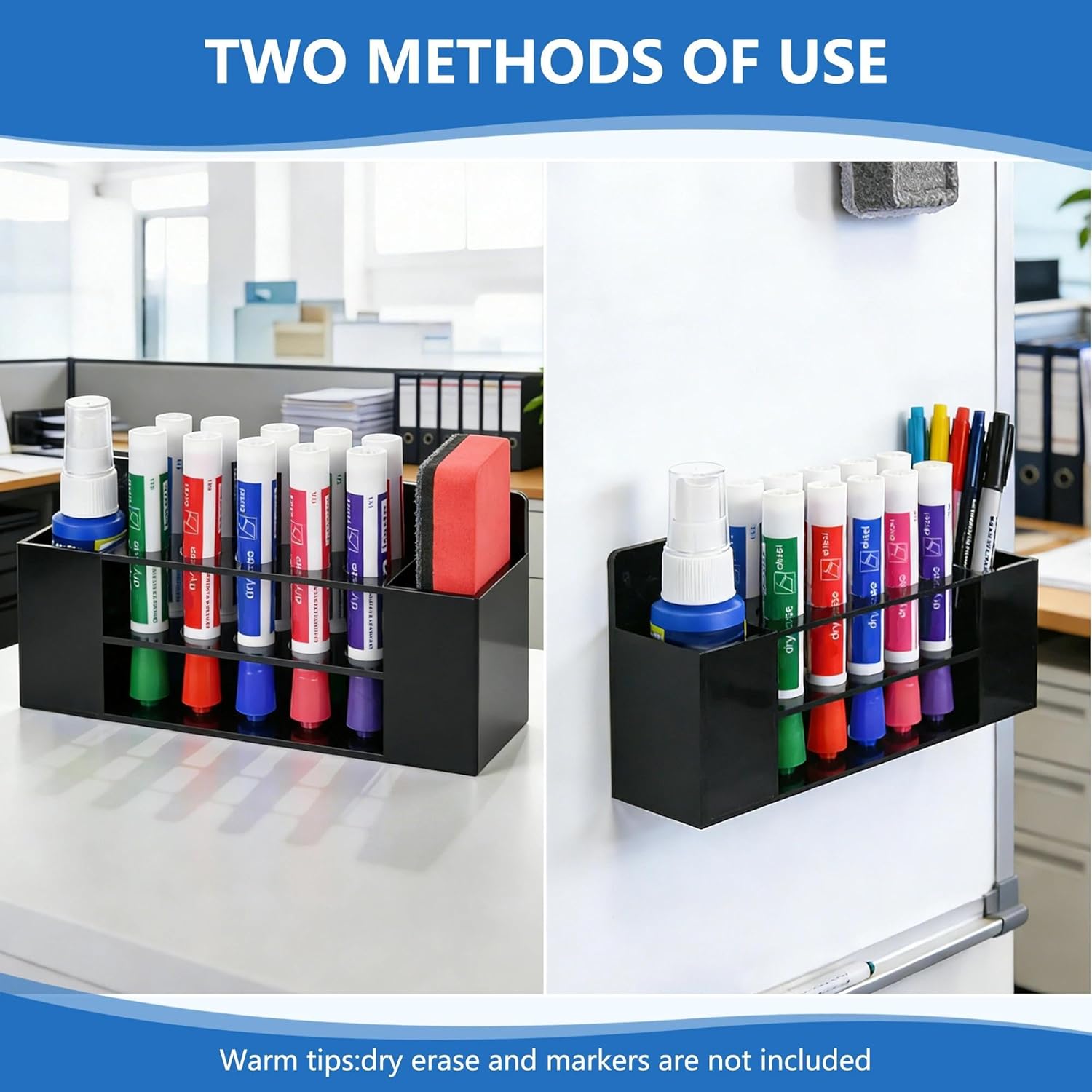 Acrylic Magnetic Dry Erase Marker Holder, 10 Slots Black Magnetic Marker Pen Holder, 2PCS Magnet Storage for Whiteboard, Desk Locker Organizer Accessories, Office, Classroom, Home