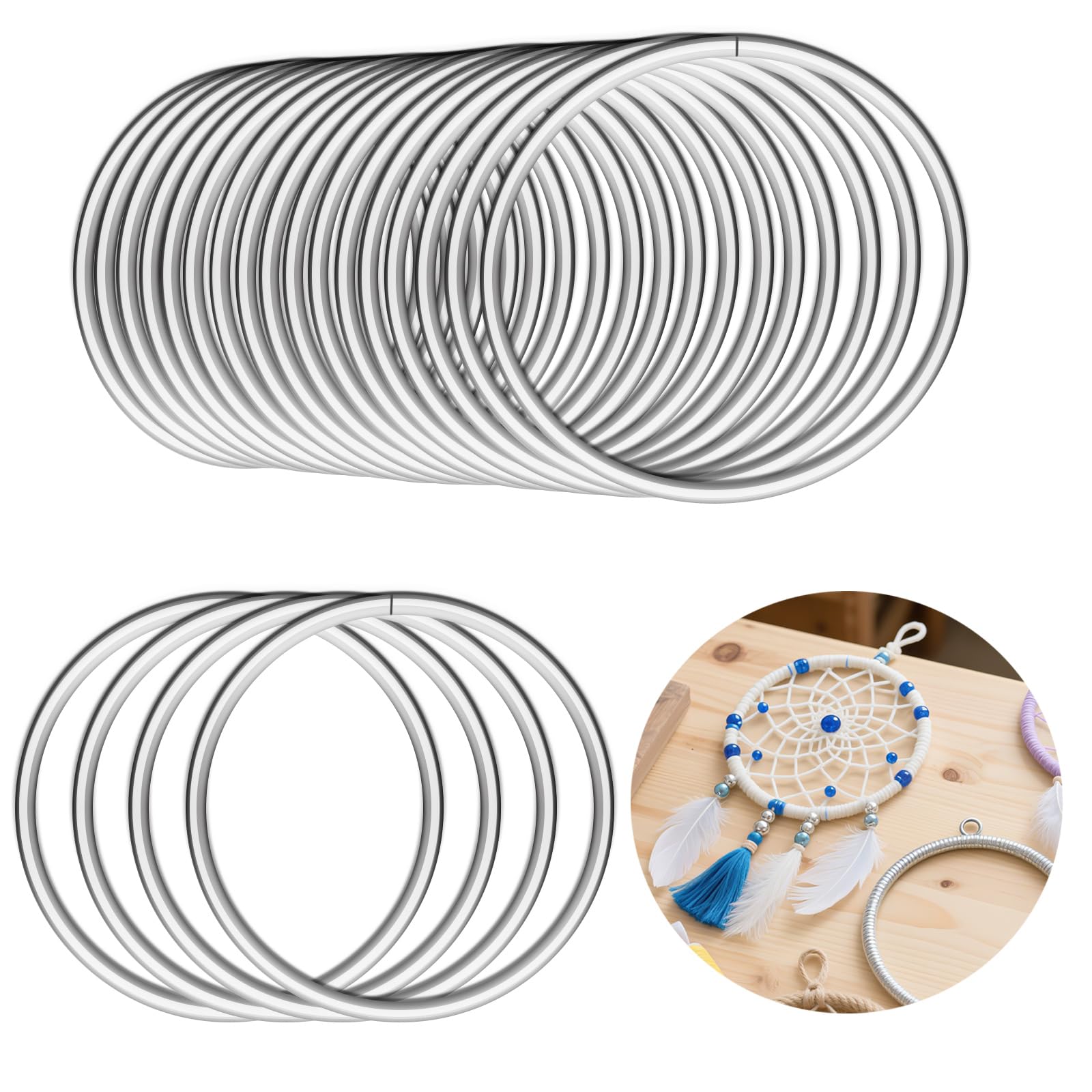 SENJEOK 24 PCS 10cm Metal Craft Rings, 4 Inch Round Silver Floral Macrame Hoops for Dream Catchers Festival Wreaths DIY Craft