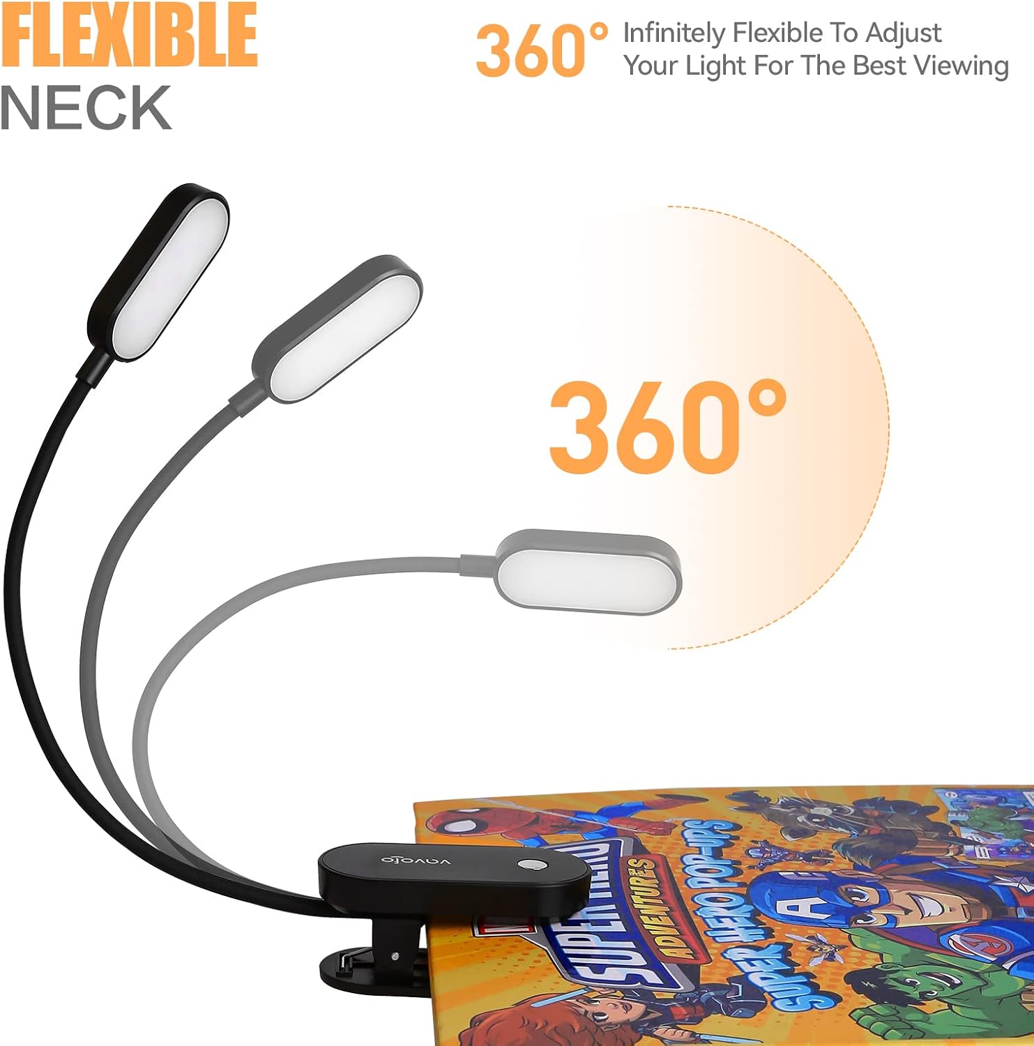 The VAVOFO book light with its flexible neck adjusted to different positions.