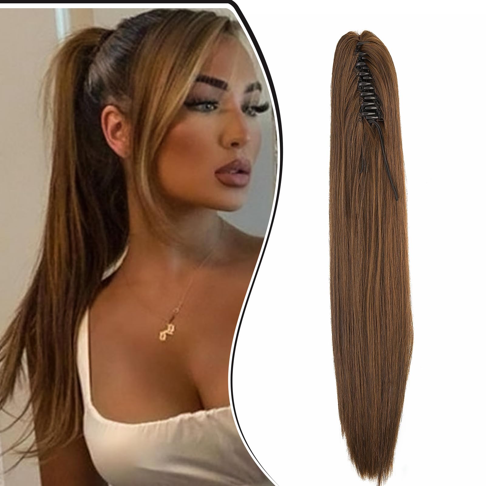 Dcbaboo Ponytail Extension Long Straight 20inch Claw Clip in Ponytail Hair Extensions Synthetic Pony tails Natural Wave One Piece Hairpiece Fake Ponytail for Women Dark Brown/Light Auburn
