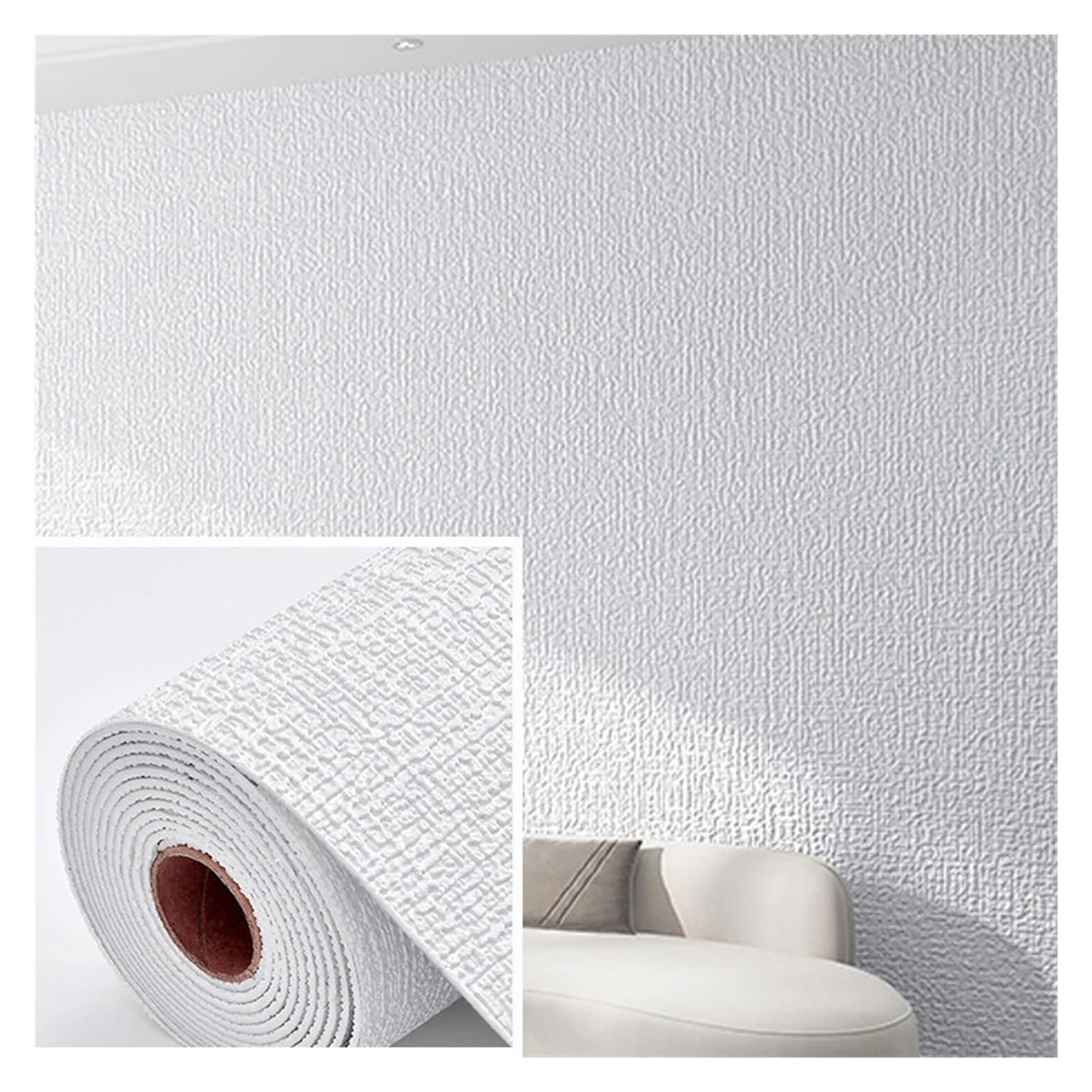 Testata Letto Carta da Parati in Lino autoadesiva Impermeabile Anti-umidità e Anti-Muffa 3D Adesivi murali Decorazione della Parete del Soggiorno della casa(White,1Pcs50cmX10m)