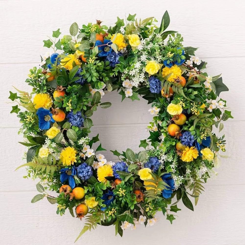 Künstlicher Blumenkranz 35 cm Sommer fürDeko für Haustür Wand Fenster – Bunter Frühlingskranz aus Kunststoff als langlebiger Türkranz für Hochzeit Geburtstag Party und Garten(35CM)