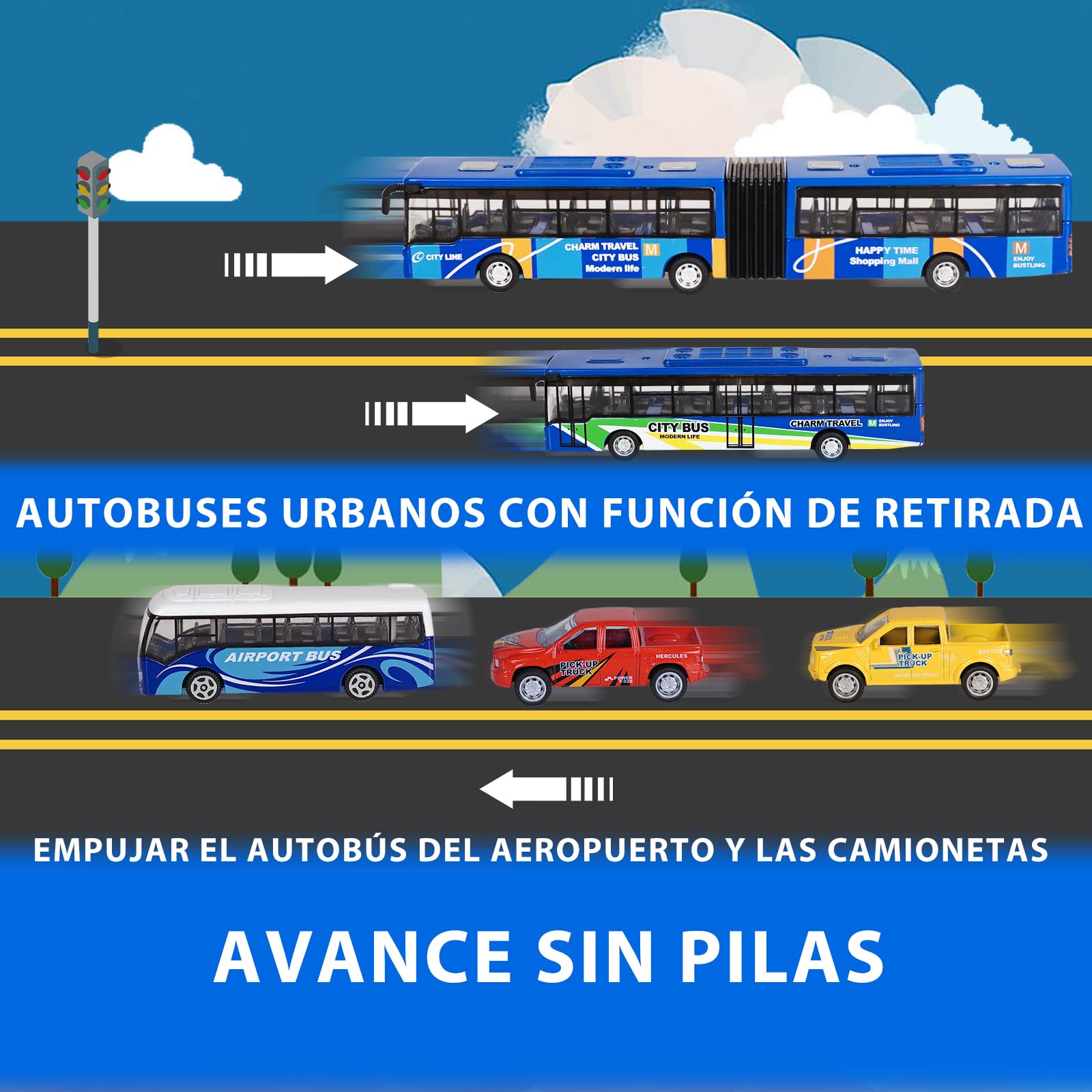 VBACALA Juego de 5 Autobuses de Juguete con Función Pull Back,Incluye Autobús Urbano, Aeropuerto, Articulado y 2 Camionetas,Juguetes para Niños +3 Años, Regalo Ideal para Navidad y Cumpleaños