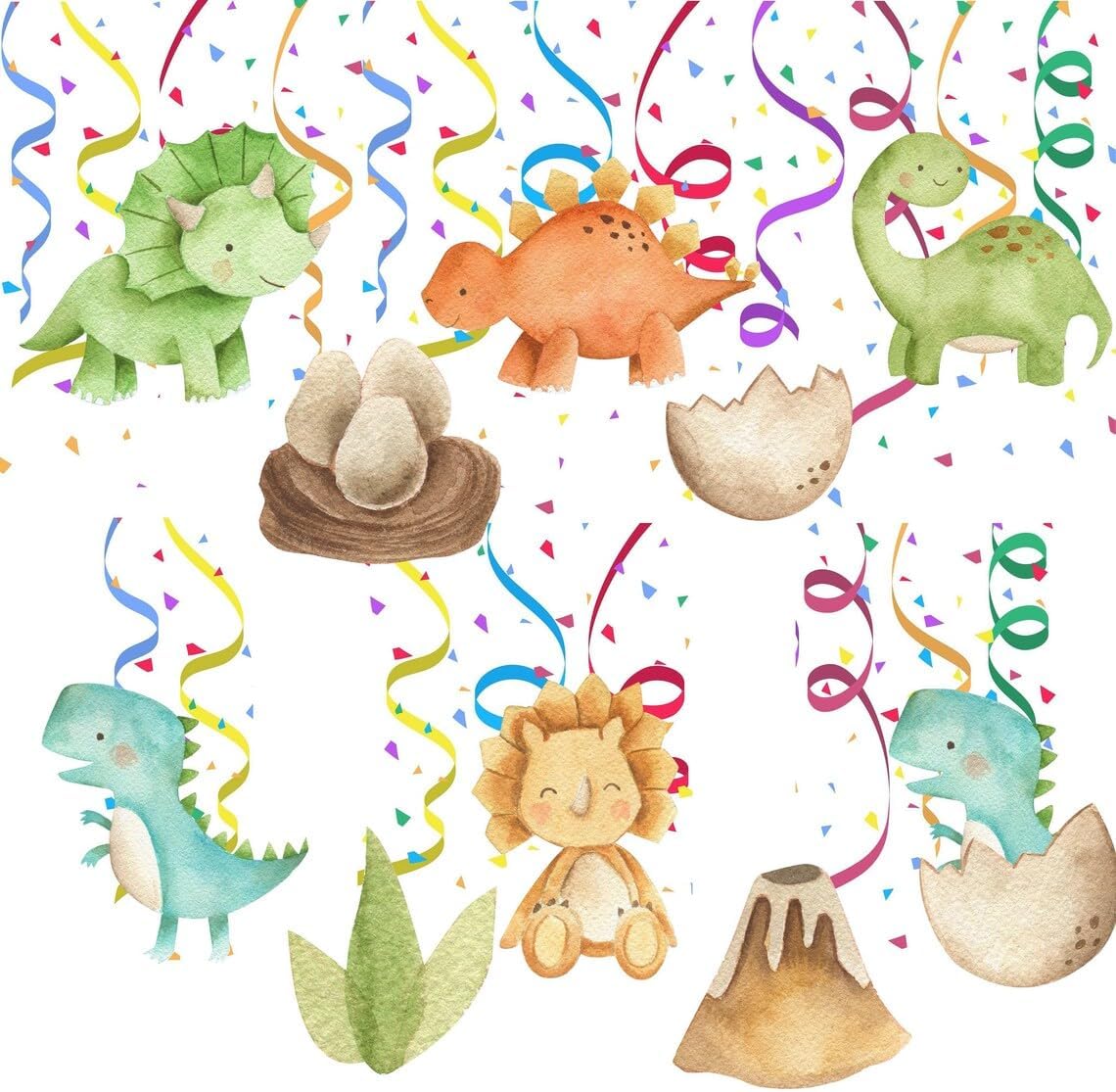 10 PCS Baby Dino Streamers Pack - Adorable Dinosaur Themed Hanging Decorations for Kids' Parties, Events, and Jurassic Spaces