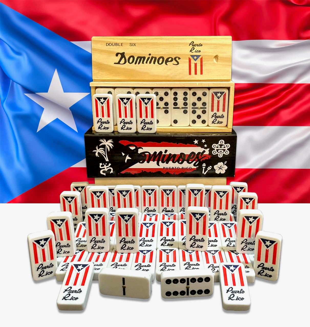 PRK 14 Puerto Rico Gifts Premium Dominoes Set Friends Gift Packs Large Adult Size Double six Domino with PR Flag Authentic Puerto Rican Design