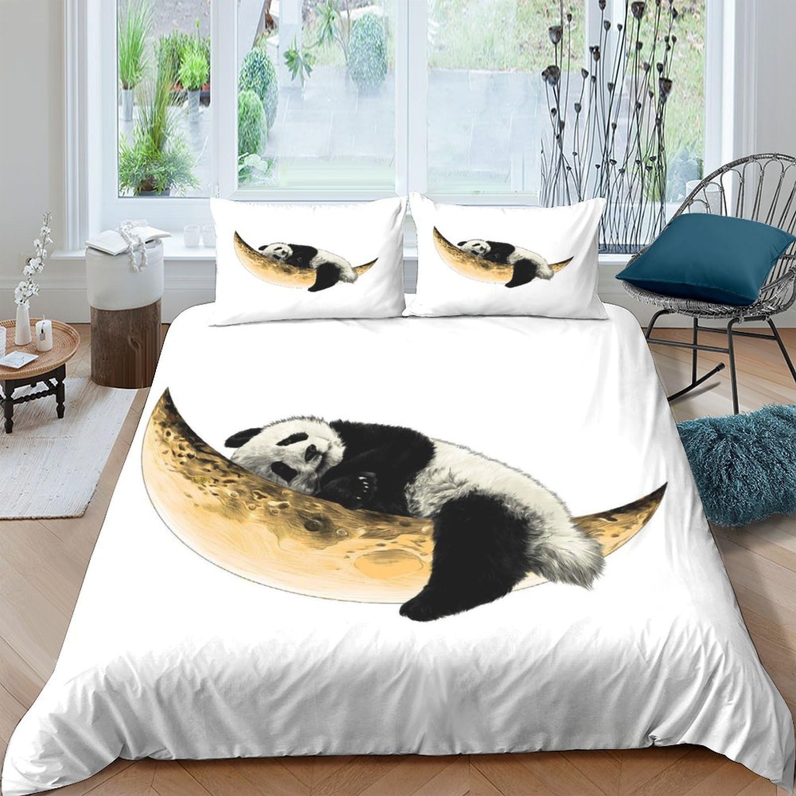 Ctjqhvkz Style-1 3D Printed Panda Moon Fitted Sheet Microfiber Anti-Slip Mattress Cover Bedroom Decor Dustproof Easy Machine Wash Single（135X200cm）