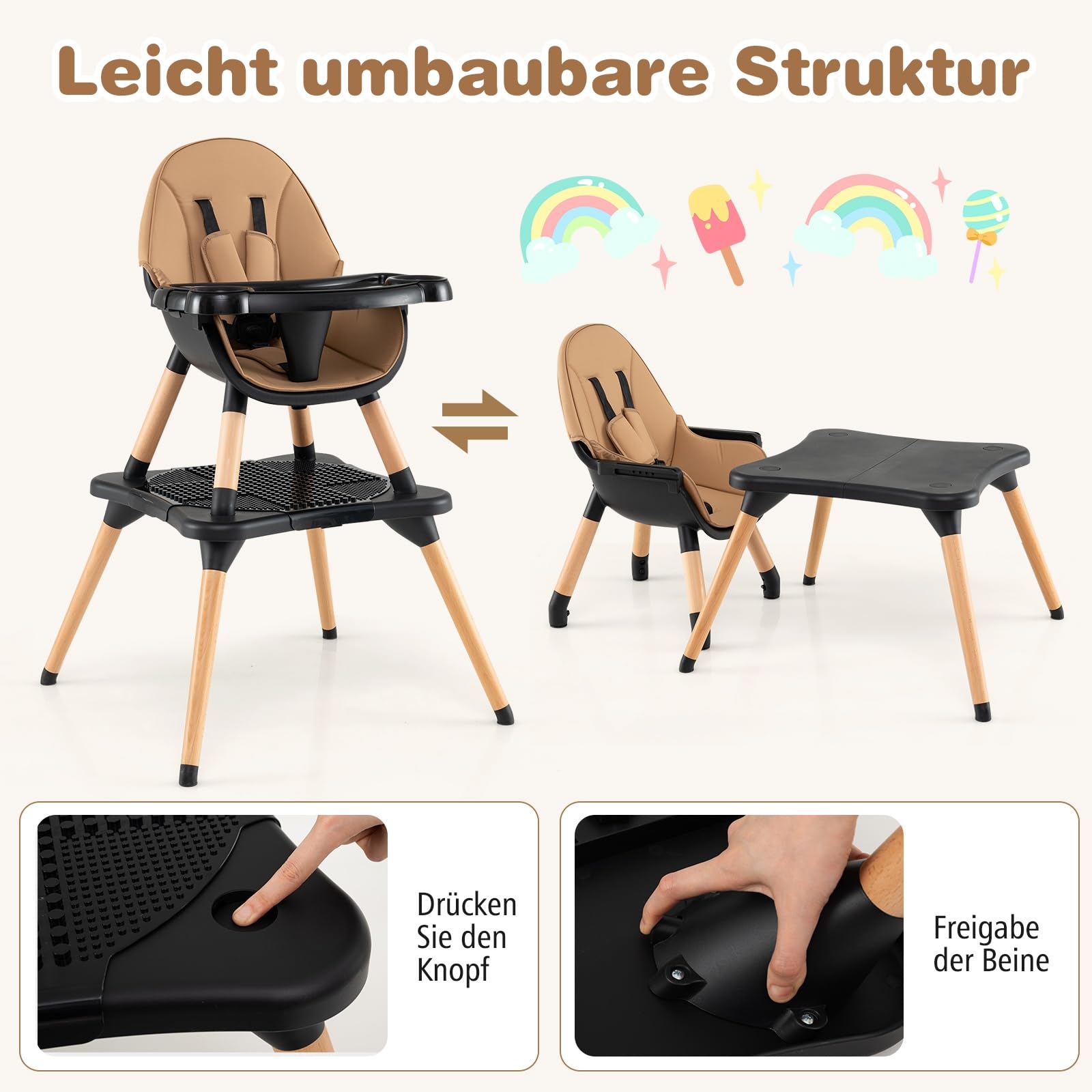 GOPLUS 6 in 1 Hochstuhl Baby, Kinderstuhl mit abnehmbares Bausteintisch, Babyhochstuhl mit verstellbar Doppeltablett, Kombihochstuhl, Essstuhl, Lerntisch, Kinderhochstuhl für 6-36 Monate (Braun)