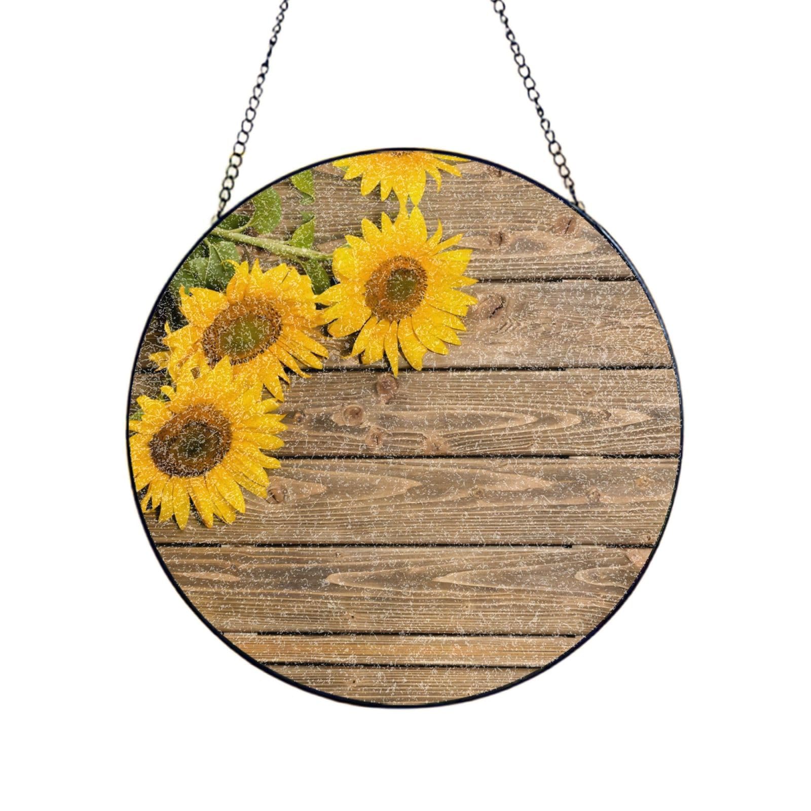 Phayah Three Sunflowers On Wooden Print Glass Window Hanging Sun Catchers Suncatcher Decor For Birthday For Home Garden Porch 6in（15cm）
