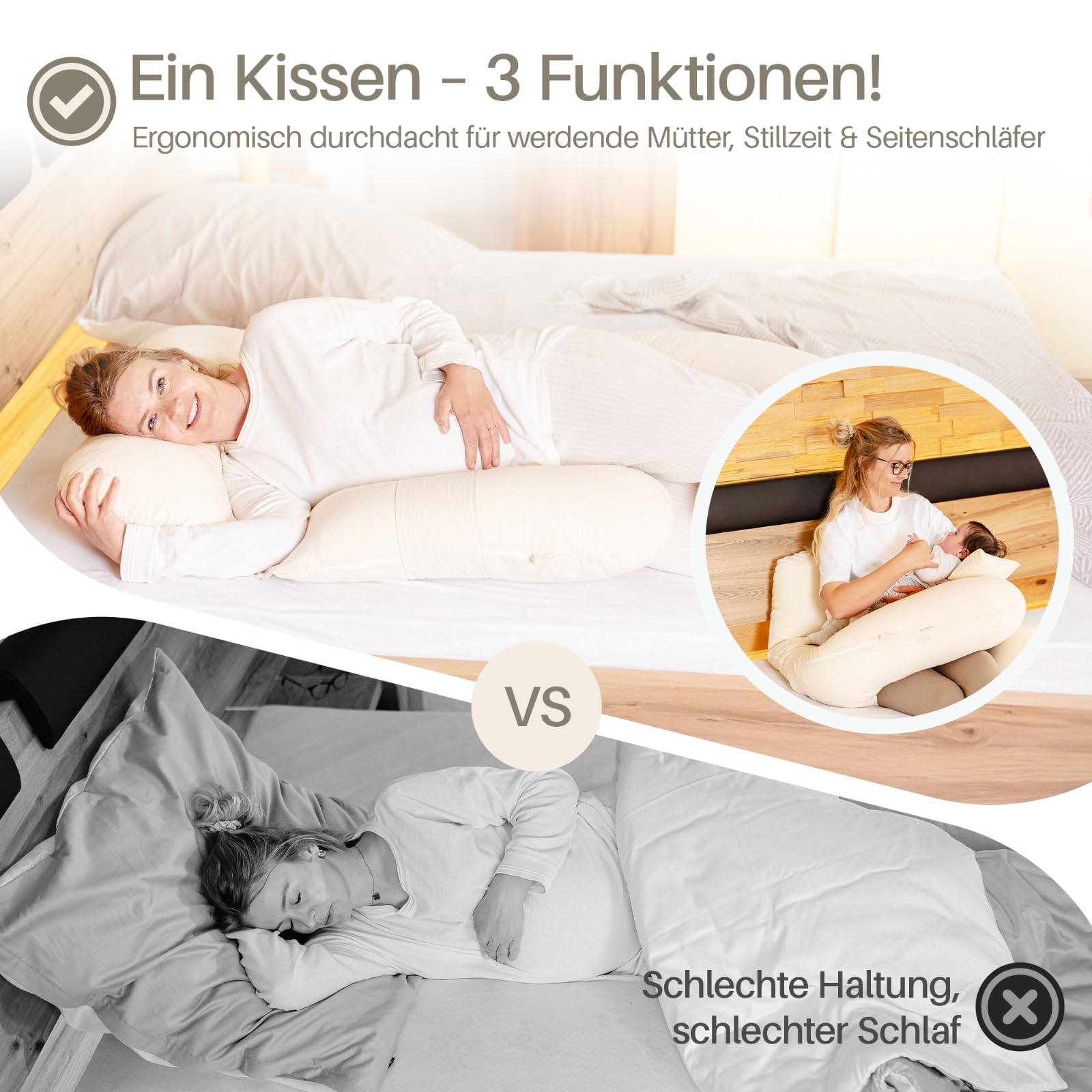 Seitenschläferkissen XL, Schwangerschaftskissen, Stillkissen, Memory Foam Füllung, Kissenbezug 100% Baumwolle, Kuschelkissen, Lagerungskissen, Viskosebezug, Pregnancy Pillow, beige