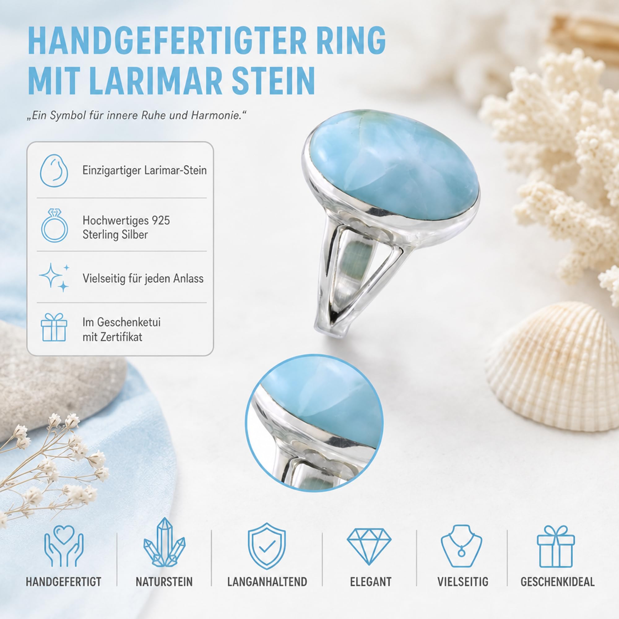 I-be, Larimar pierścionek z kamieniem szlachetnym owalny, srebro 925, w etui na prezent, 103012/13x18