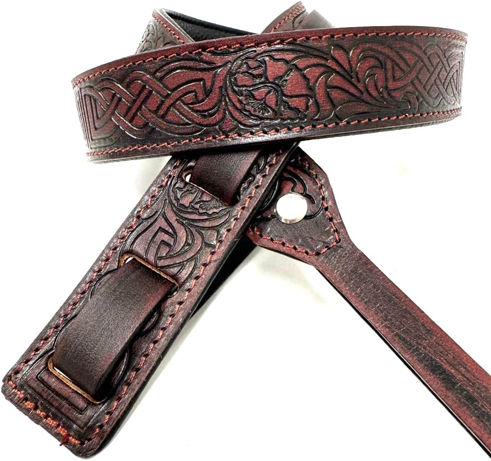 Walker And Williams M-20-RD Mahogany Red Leather Premium Padded Mandolin Strap With Celtic Chain Design, For Mandola, Bouzouki or Ukulele. For F And A Type Mandolins
