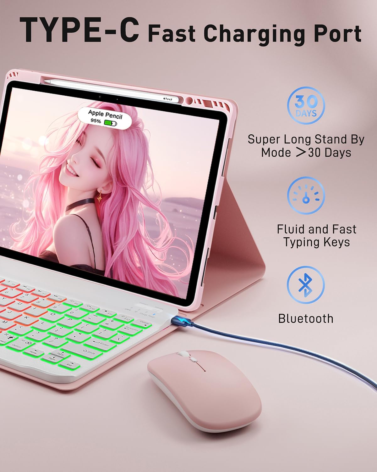 Keyboard Case for iPad Air 13 inch (M4-2026/M3-2025/M2-2024) & iPad Pro 12.9 inch (6th/5th/4th/3rd Gen) Case with Keyboard Dazzle Magic Keyboard Backlit Built-in Pencil Holder with Mouse - Pink