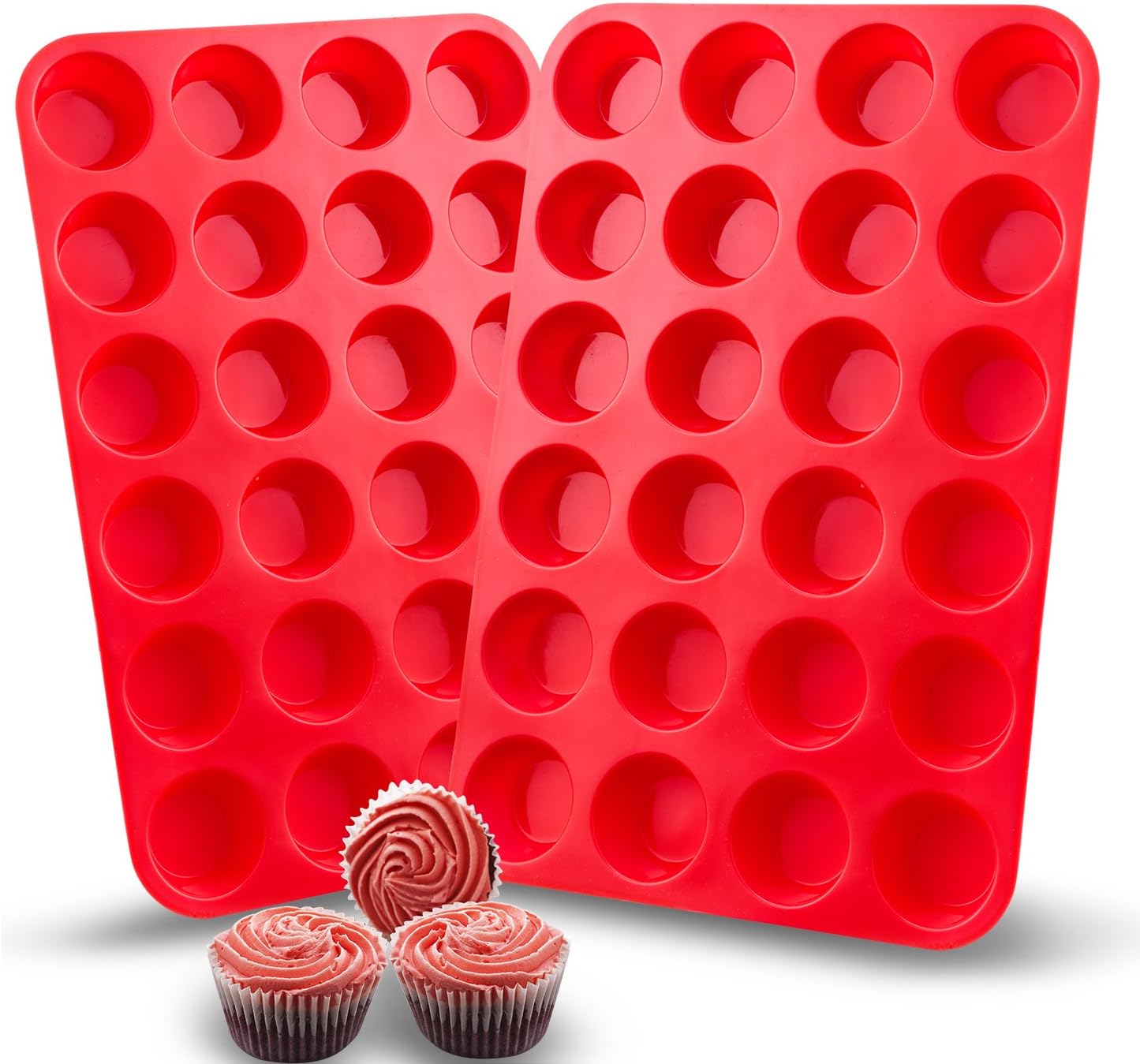 Auxcuiso 24 Cups Mini Muffin Molds Silicone Non Stick Set of 2 Packs Red