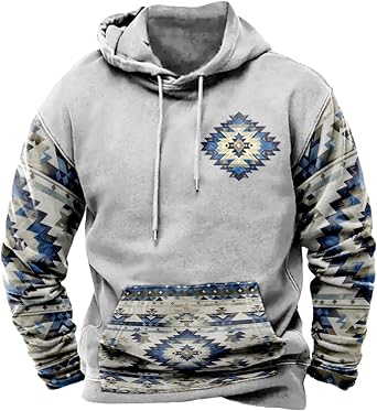 Aztec Hoodies for Men Oversized Long Sleeve Pullover Mens Drawstring Vintage Graphic Western Cowboy Jackets Fall Winter Country Hoodies with Kangaroo Pocket C-Geo Gray L