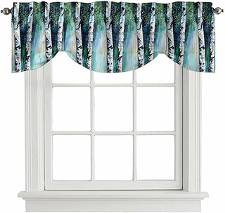 Spring Tree Tie Up Valance Curtains Vintage Painting Trees Green Leaf White Trunk Wood Grain Adjustable Light Filtering Tie Up Valance Small Window Shade for Kitchen Bedroom Cafe 42" W x 12" L