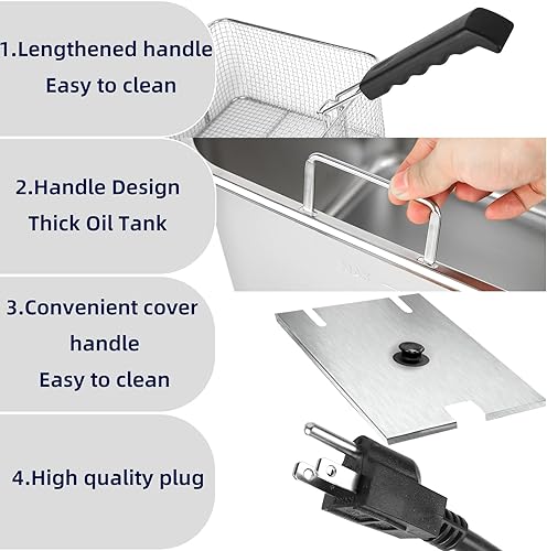 Miniatura 3 de Freidora comercial con cesta, freidora eléctrica de aceite de acero inoxidable de gran capacidad para restaurante o uso doméstico, 3400 W, 12.7