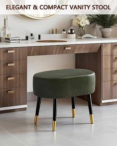 Miniatura 4 de Taburete de tocador para maquillaje, reposapiés ovalado de piel sintética, banco otomano con remaches vintage con patas de metal, taburete de