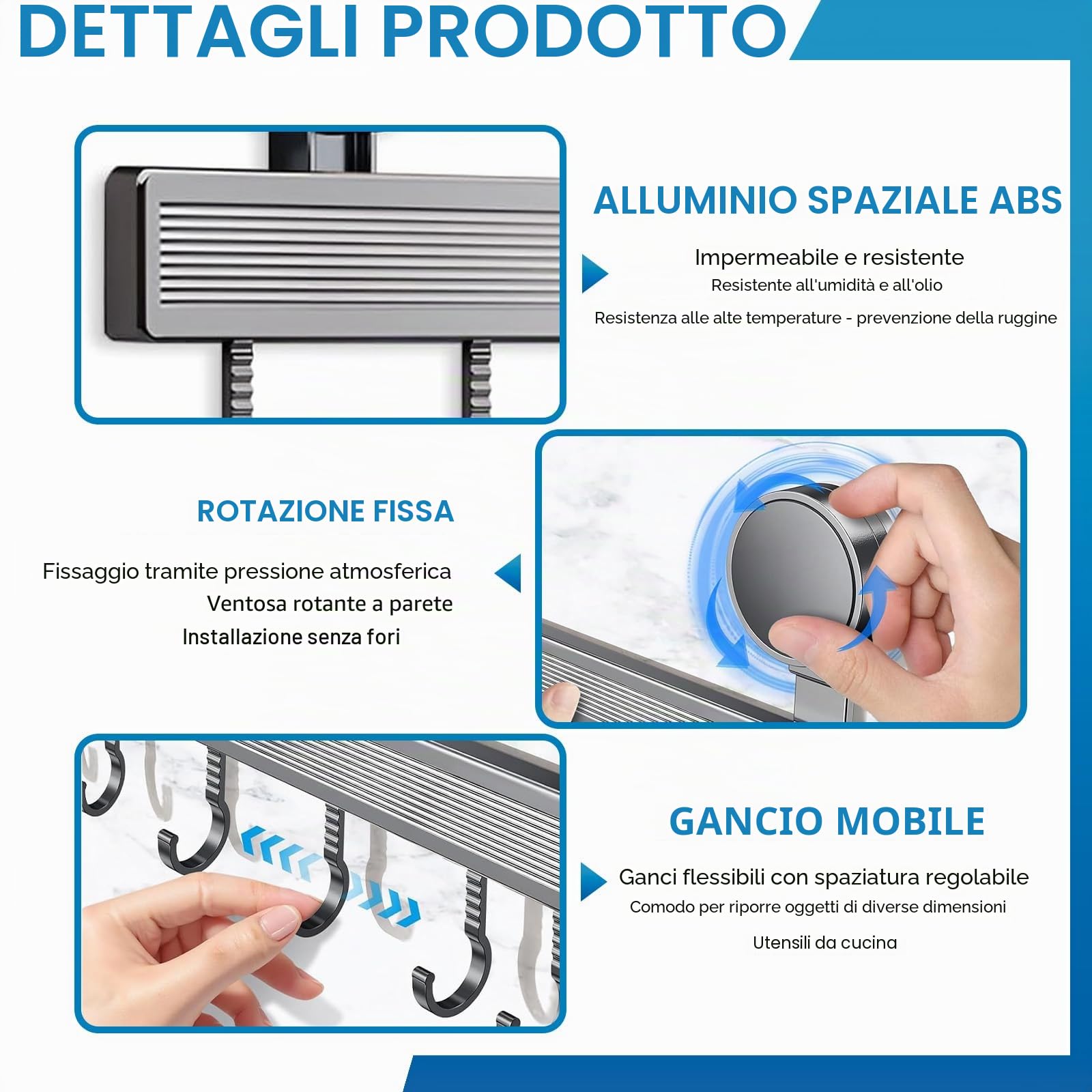 Porta Utensili da Cucina con Ventosa | Lunghezza 40 cm, portata 10 kg, 8 ganci mobili | Barra da cucina per utensili da cucina, camera da letto, bagno