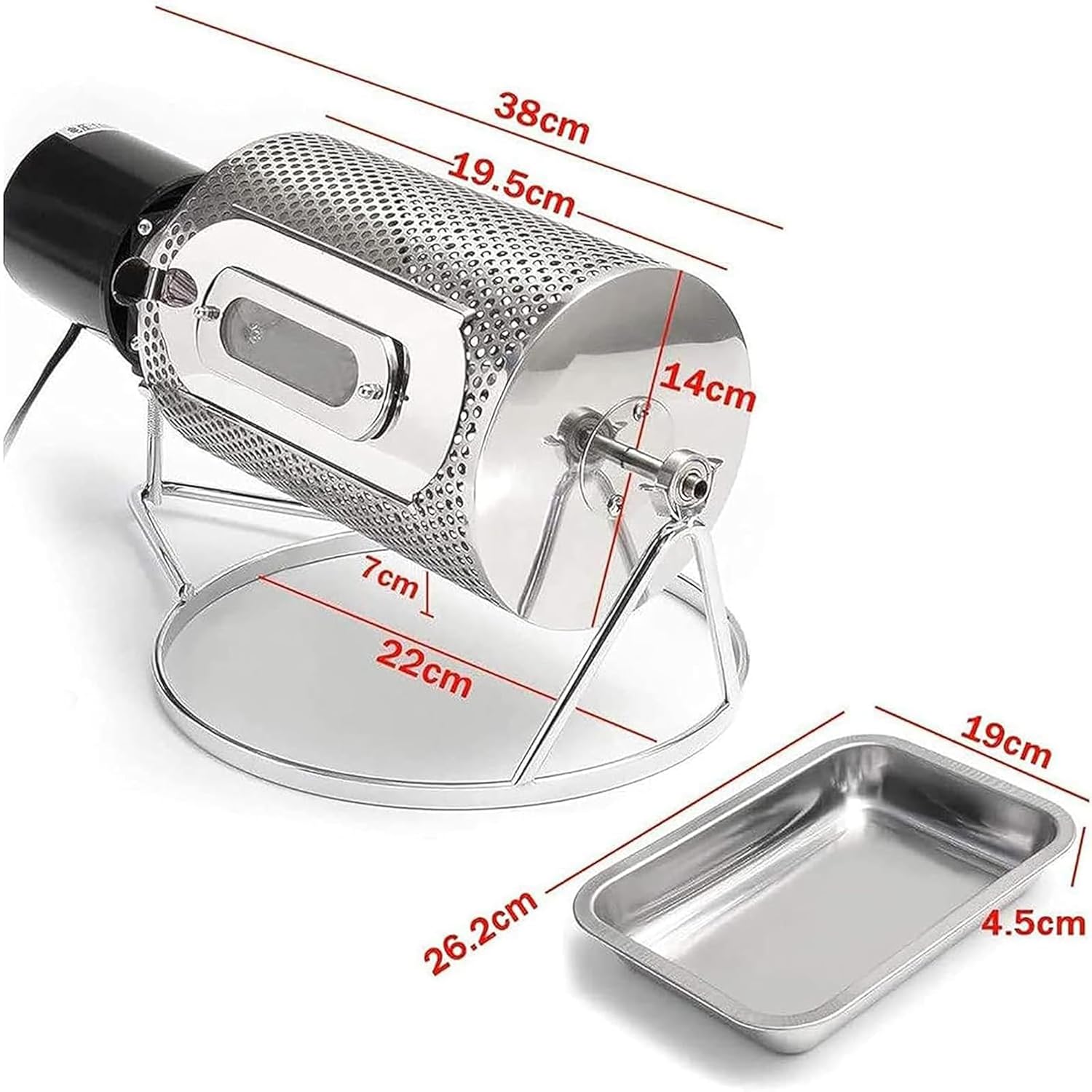 Electric Coffee Bean Roaster w/Visible Window and Stainless Steel Tray - Bake 250G at a Time/25 RPM/Low Decibel