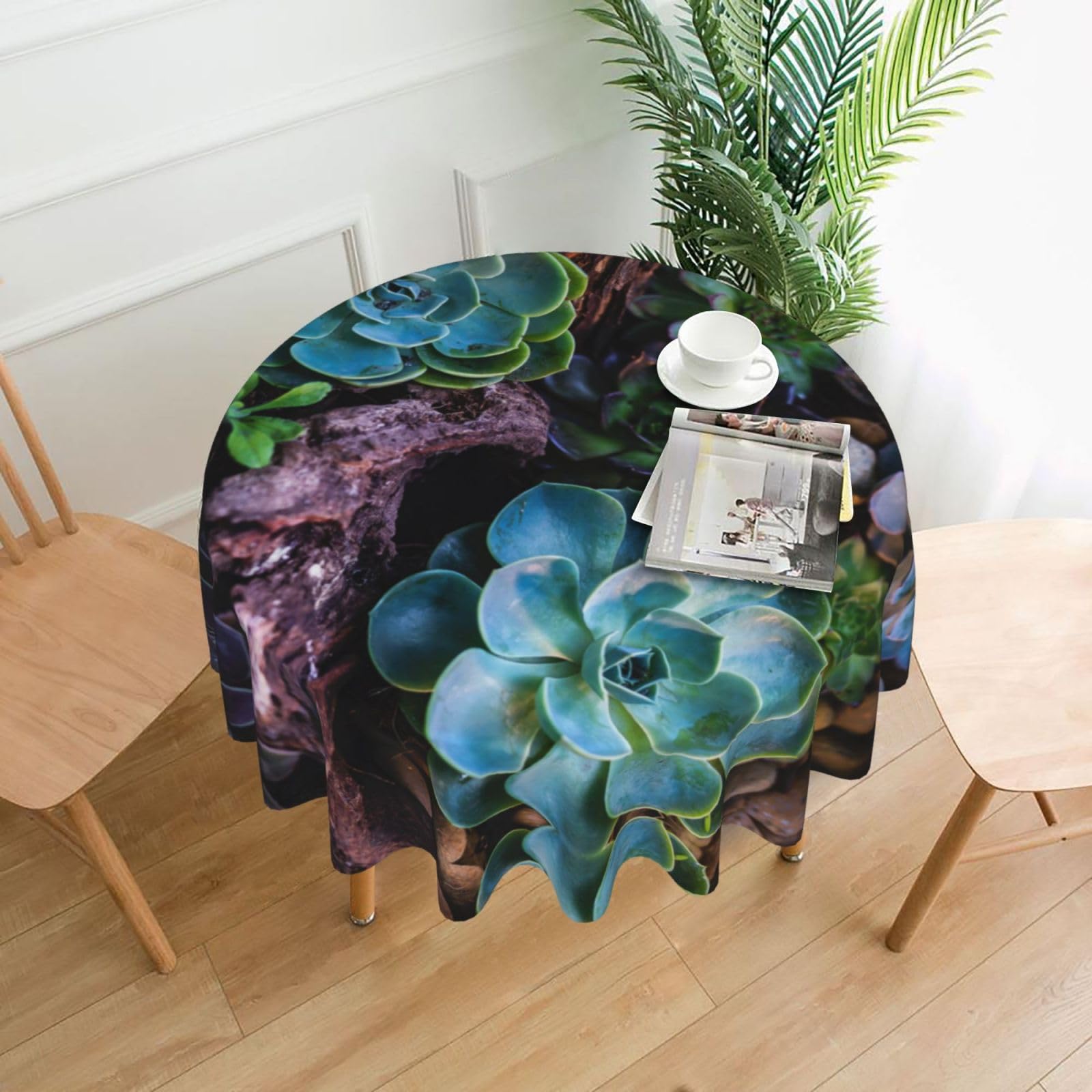 Nappe ronde 152 cm imperméable à motif de plantes succulentes pour table de cuisine