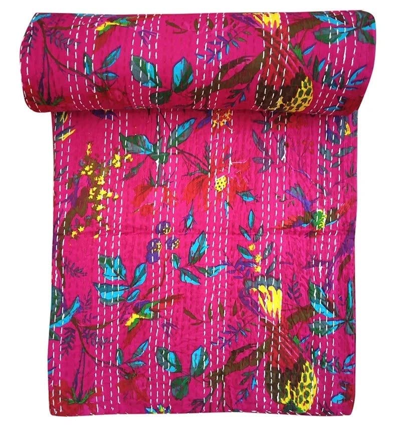Courtepointe Kantha bleu indigo : couvre-lit indien coton fait main