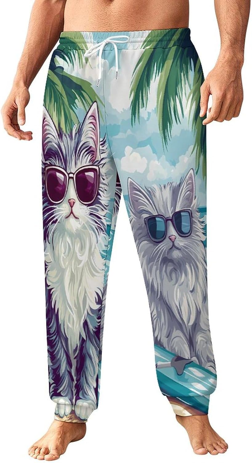 Cute Cat Surf Beach Men's Pants Athletic Workout Sweatpants Jogger Casual Pant for Sports Home