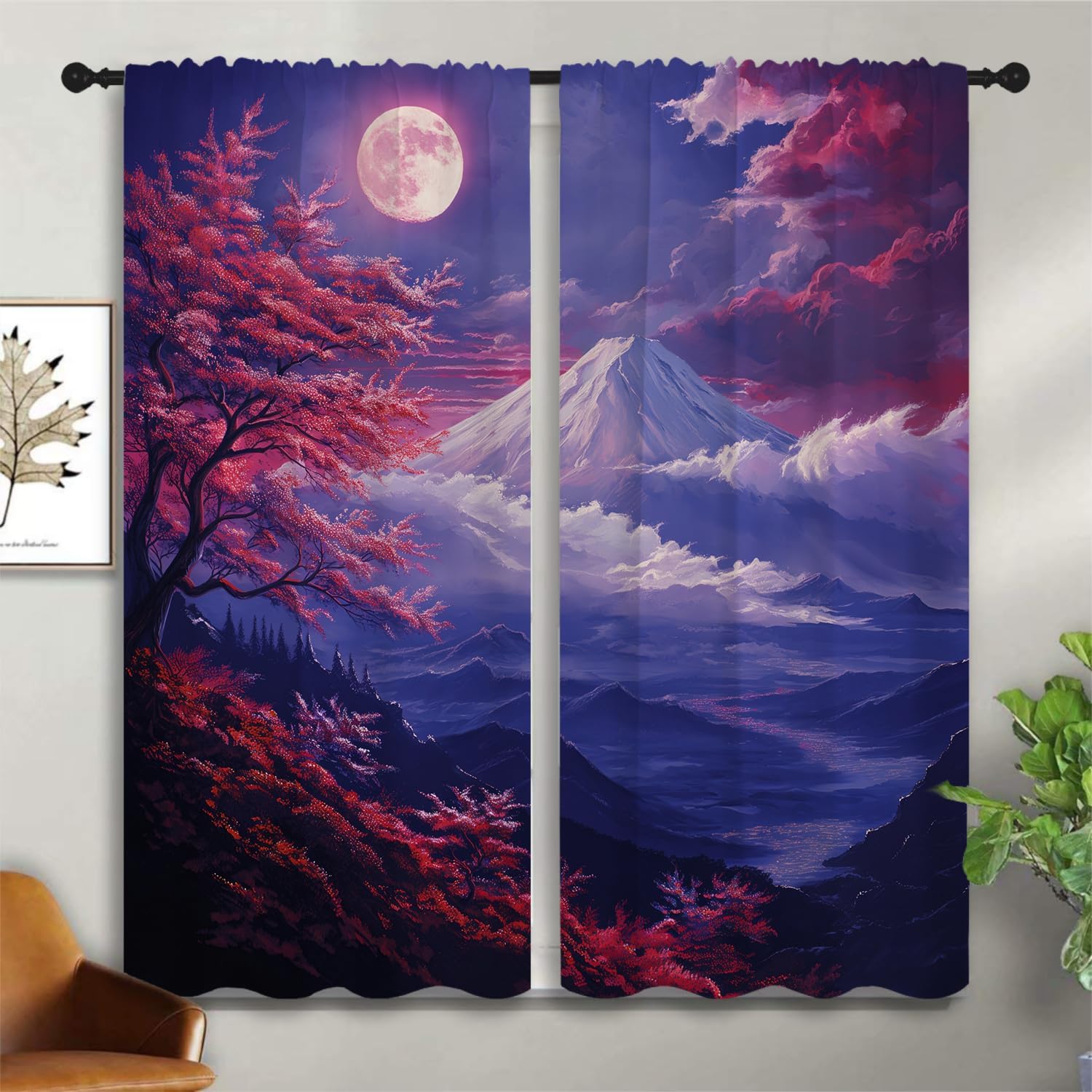 Japanese Style Boy Girls Blackout Curtains,Anime Asian Mt. Fuji Red Plum Moon Landscape Painting, 2 Panel Rod Pocket Thermal Insulated Drapes for Bedroom, Living, Kids Room Deco 55x63 inch