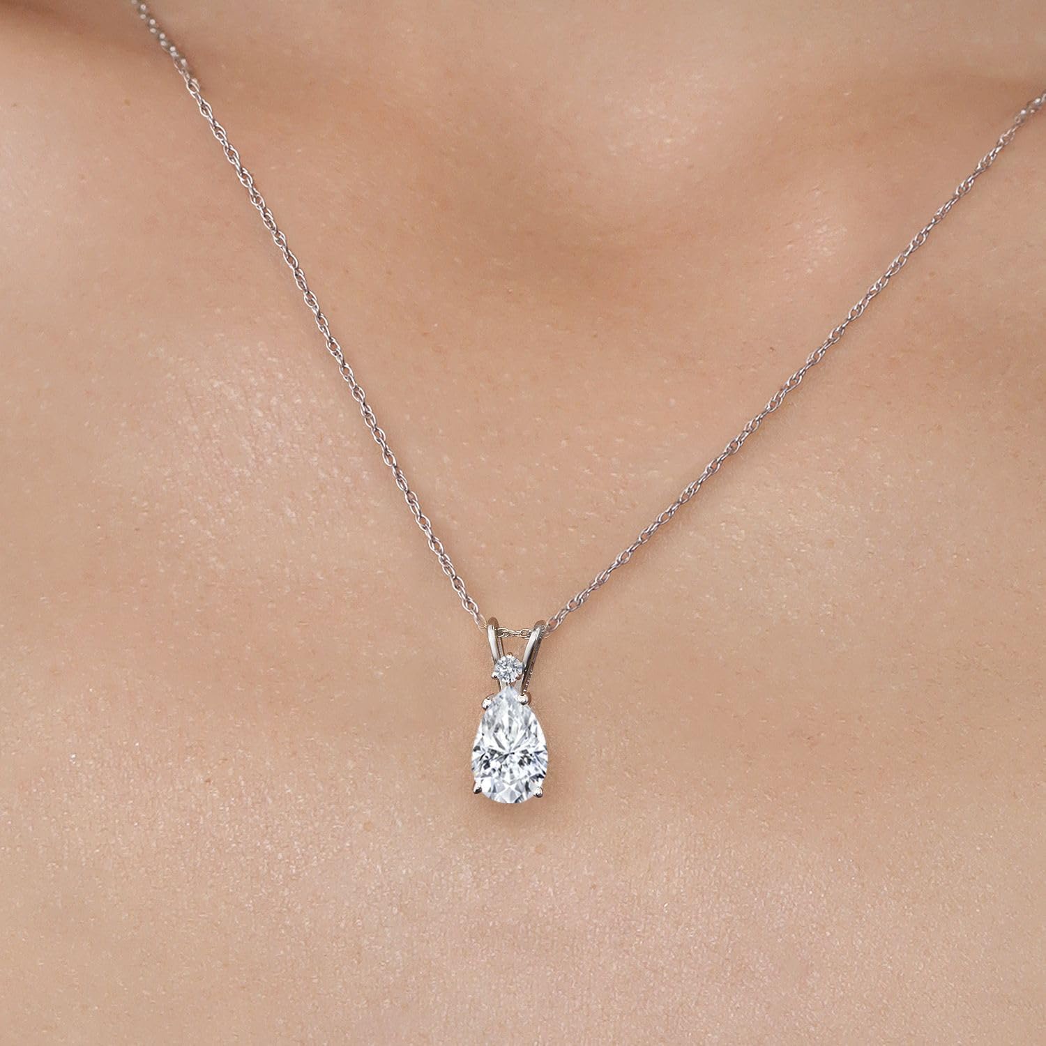Gem Stone King 14K White Gold White Moissanite and Lab Grown Diamond Pendant Necklace for Women | 2.01 Cttw | Gemstone Birthstone | Pear Shape 10X7MM | With 18 Inch Chain - Image 3