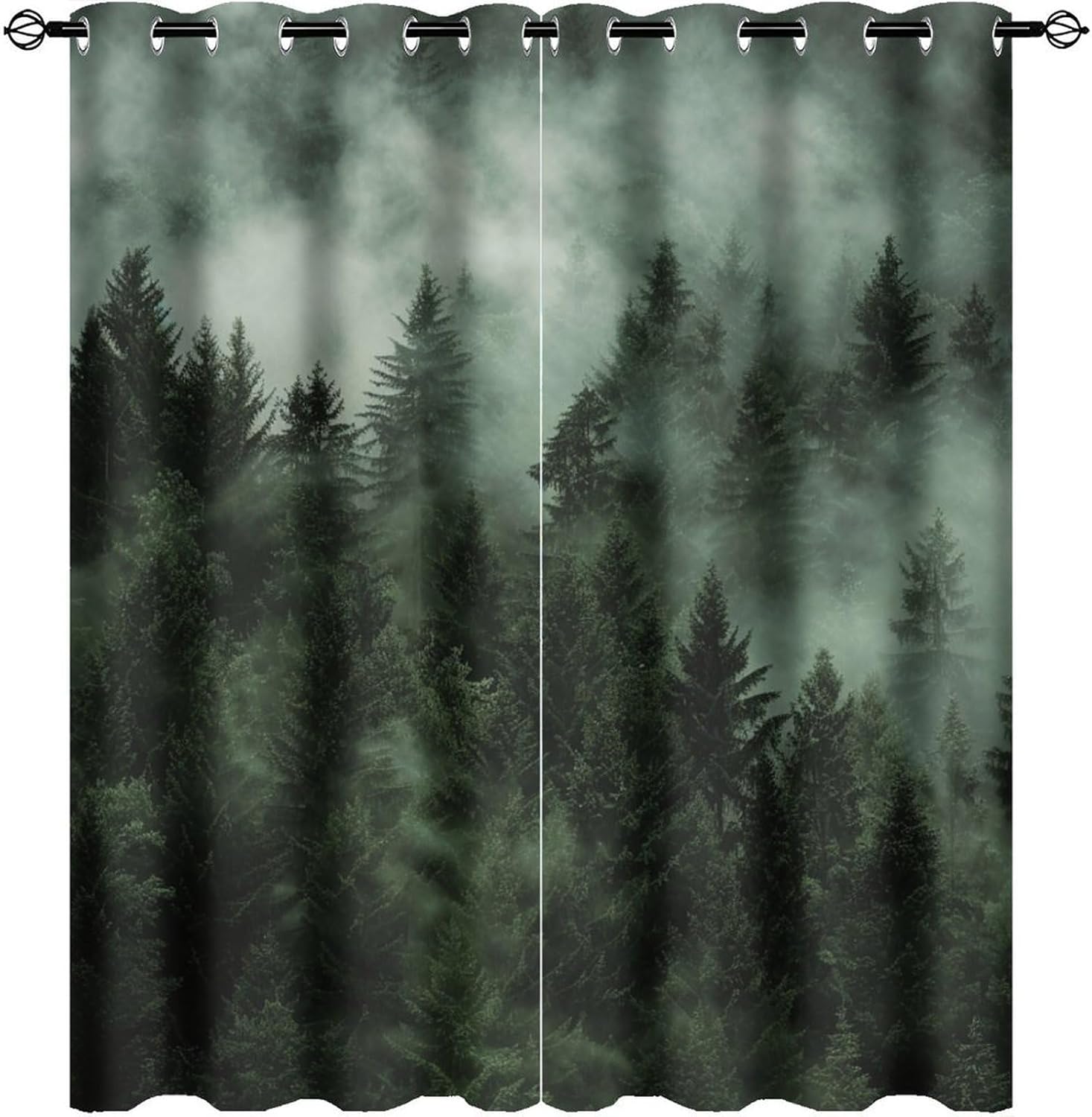 Foggy Forest Plant Blackout Curtains, Nature Landscape Green Tree Grommet Thermal Insulated Curtains Window Drapes for Bedroom Living Room, 2 Panels, Each 21W x 54L
