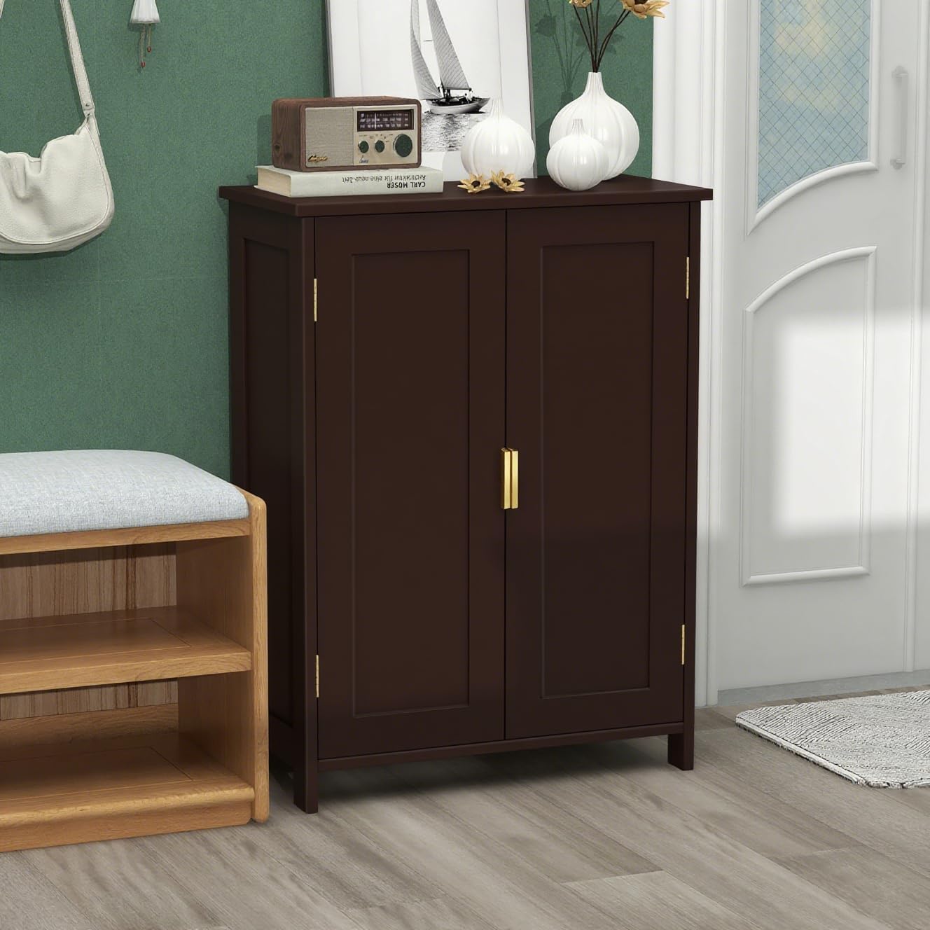 TaoHFE Brown Bathroom Storage Cabinet,Wood Bathroom Cabinets Freestanding with 2 Door Organizers Storages with Adjustable Shelves, Storage Cabinet for Living Room,Laundry Room