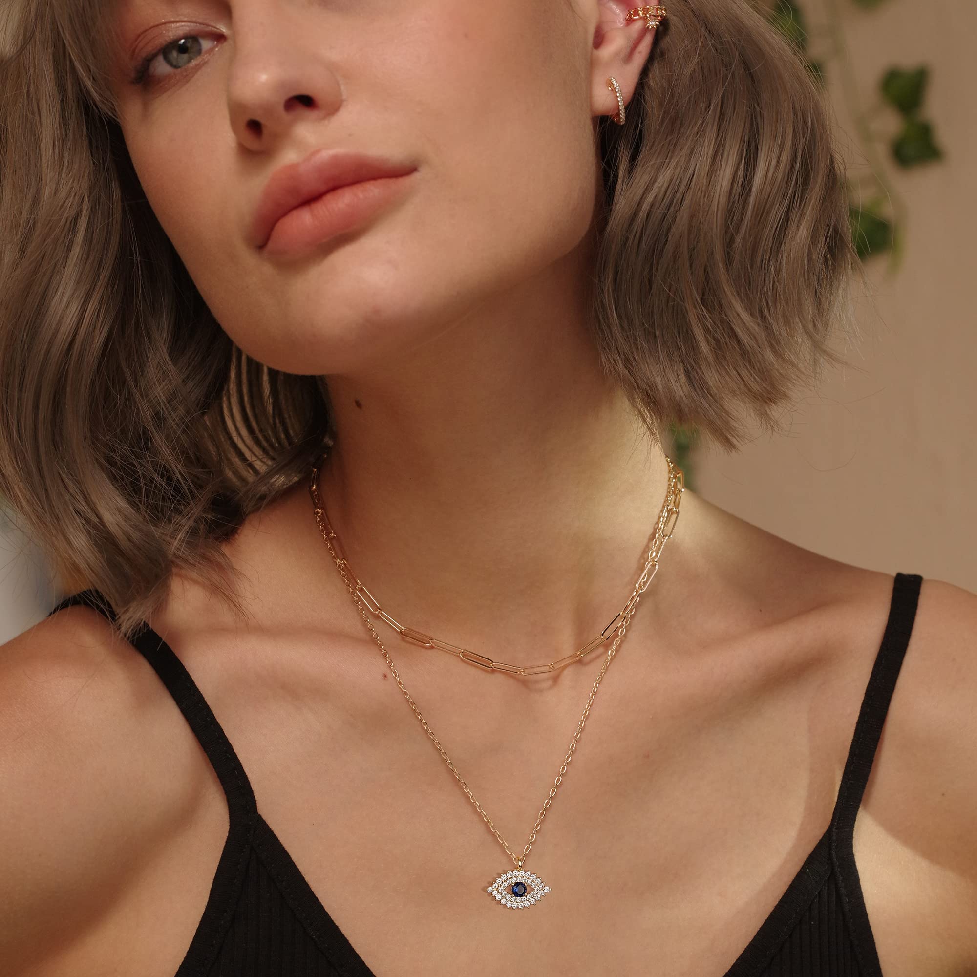 MEVECCO Layered  Necklace Pendant Handmade 18k Gold Plated Dainty Gold Choker Arrow Bar Layering Long Necklace for Women: Layer Blue Eyes