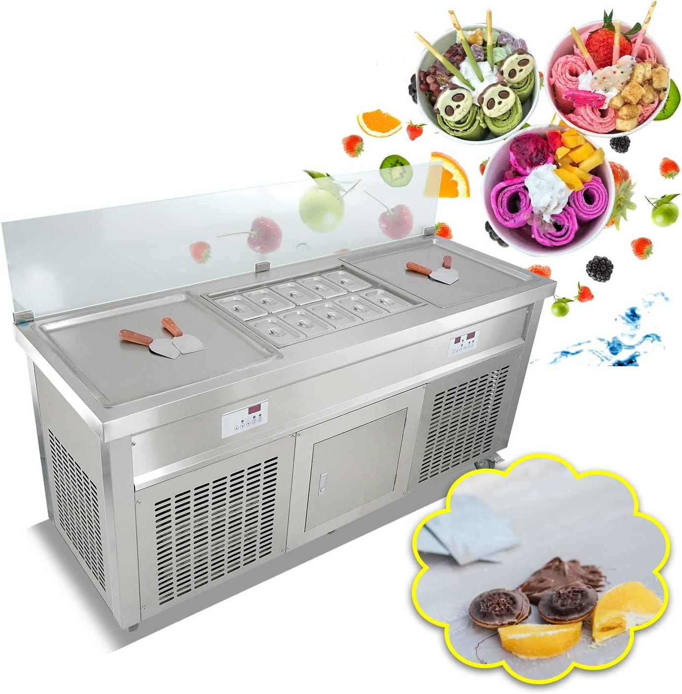 Commercial Fried Ice Cream Rolled Machine, 21''x21'' Double Square Pans + 10 pcs Refrigerated Tanks Ice Cream Roll Maker, Auto Defrost Frozen Yogurt Fry ice Cream Machine