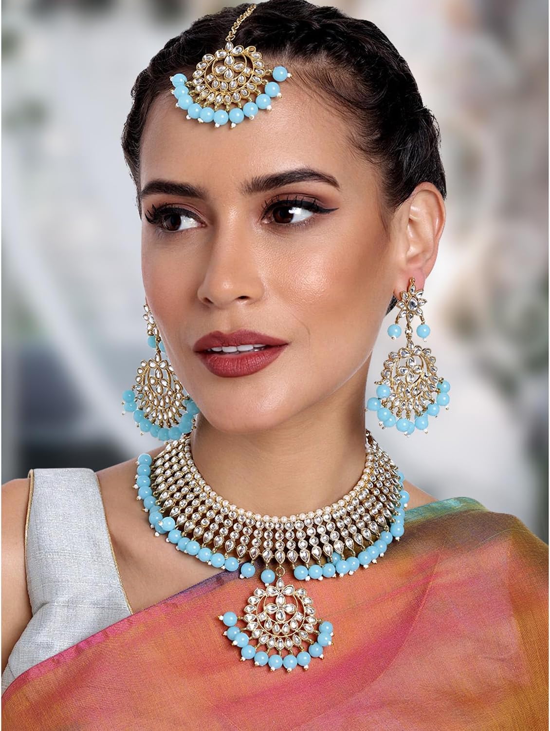 Aheli Indian Traditional Maang Tikka with Kundan Necklace Earrings Set Ethnic Wedding Bharatanatyam jewellery set Gift for Women image 2
