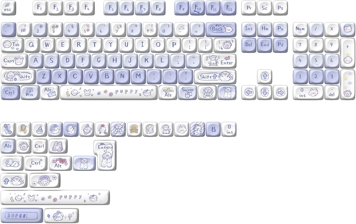 PBT Keycaps-MOA Highly Rounded Heat Sublimation, Cute Puppy Custom Keyboard Keycap Set 64/68/75/84/87/96/98/100/104/108,Compatible with A Variety of Cross-Switch Keyboards(133 Keys)