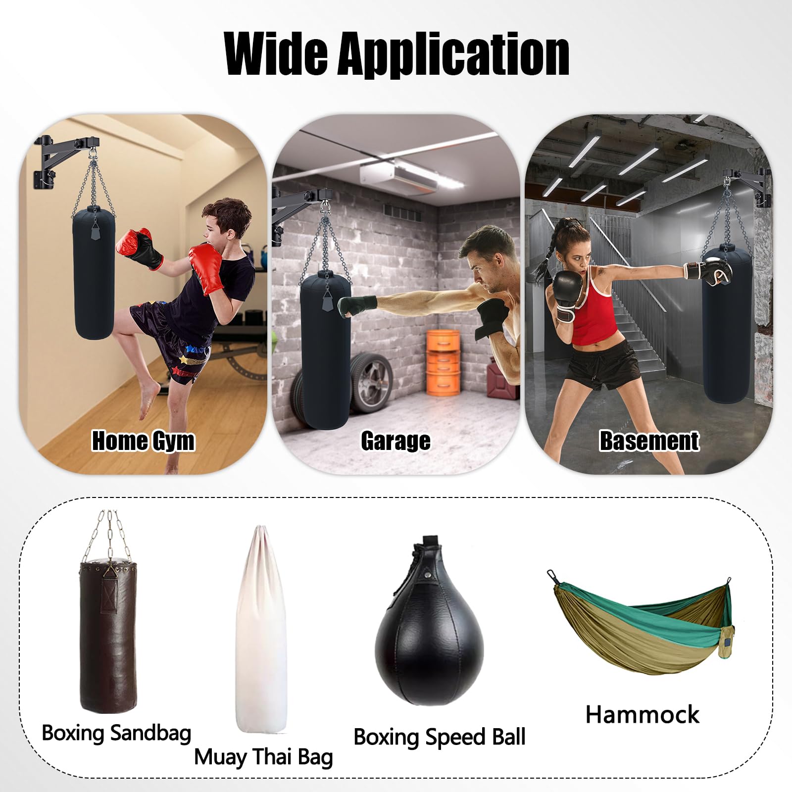 Boxsack Halterung, Sandsack Wandhalterung, Hängend Boxsack Ständer mit Schwenkarm, 43-63 cm Verstellbare Länge (17" - 25"), Trägt 150 kg, Faltbaren Aufbewahrung für Heimfitnessraum/Garage/Keller
