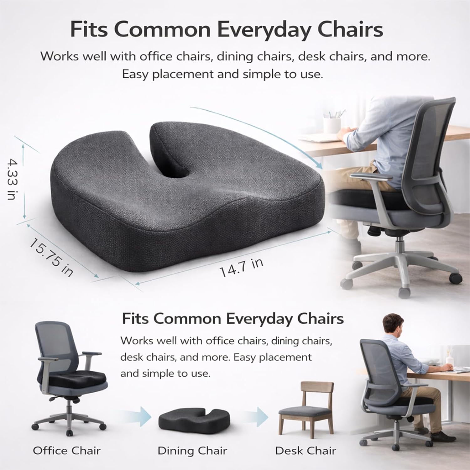 Tail Bone Relief Cushion for Hemorrhoids & Coccyx Pain – Ergonomic Memory Foam Seat Support for Sciatica, Pressure Sores, Pregnancy & Postpartum – Office Chair, Car Seat & Wheelchair (Dark Gray)