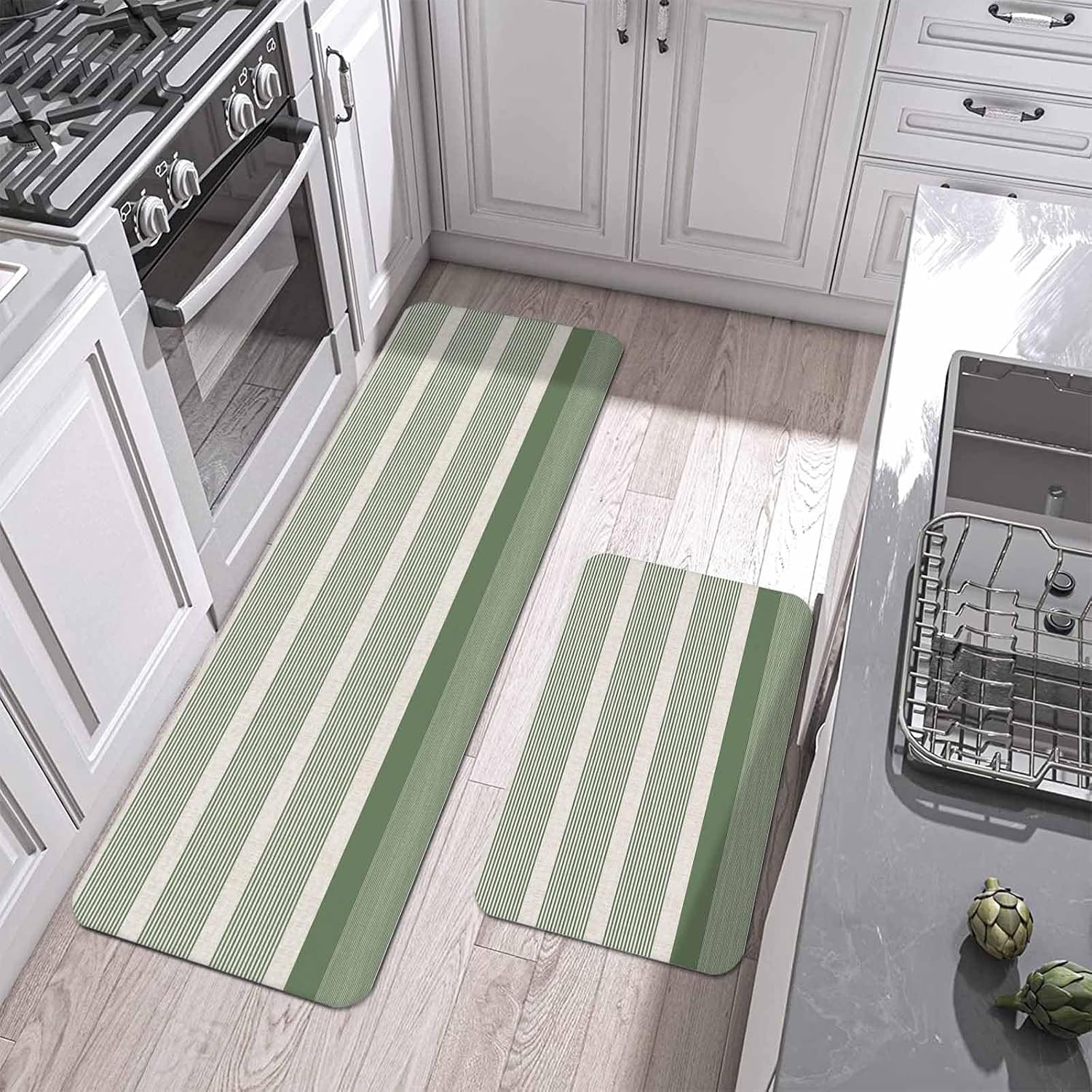 Prime Leader Vintage Green Striped Kitchen Mat Set 2 Pieces Modern Simple Abstract Bohemian Non Slip Kitchen Rugs Washable Runner Rug Mats for Floor Sink Laundry Office 19.7" x 31.5"+19.7" x 47.2"