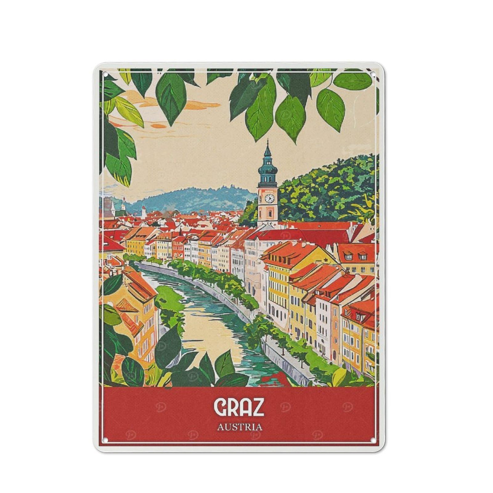 Junmoney Style-22 Metal Plaque 40X30cm With Graz Austria Travel For Pub Or Café, Vintage Decor, For Metal Sign Collectors, For Vintage Wall Decor Fans