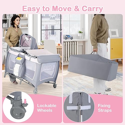 Miniatura 8 de HONEY JOY Corralito con Moisés, Centro de Guardería Infantil Corralito con Cuna para Recién Nacidos y Juguetes Colgantes, Almacenamiento de Pañales,