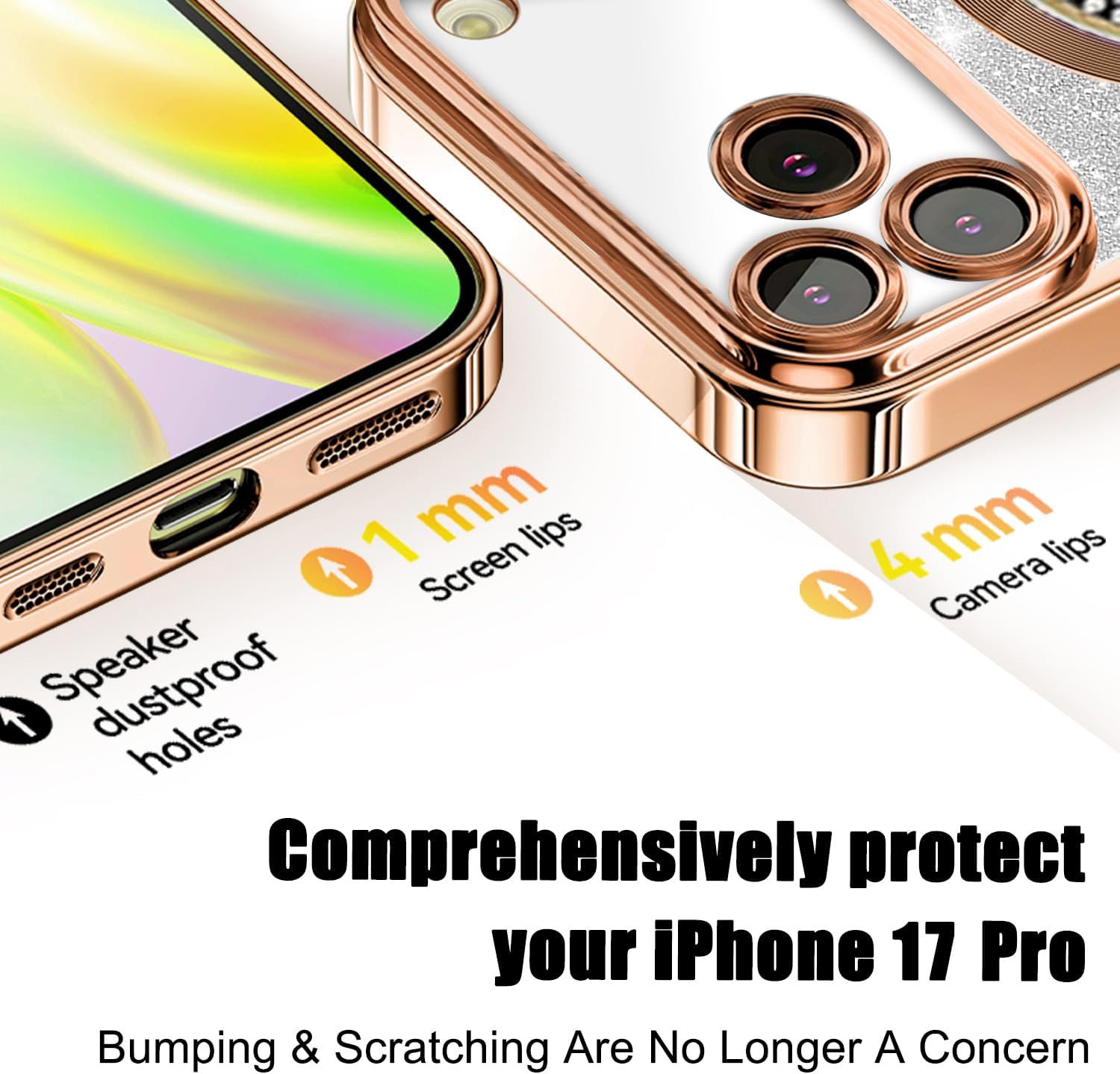 Misscase for iPhone 17 Pro Magnetic Glitter Case Compatible with MagSafe,Full Protection Slim Shockproof Anti-Scratch Case with Camera Lens Protector Plating Bling Dust-Proof Net Gold - Image 6