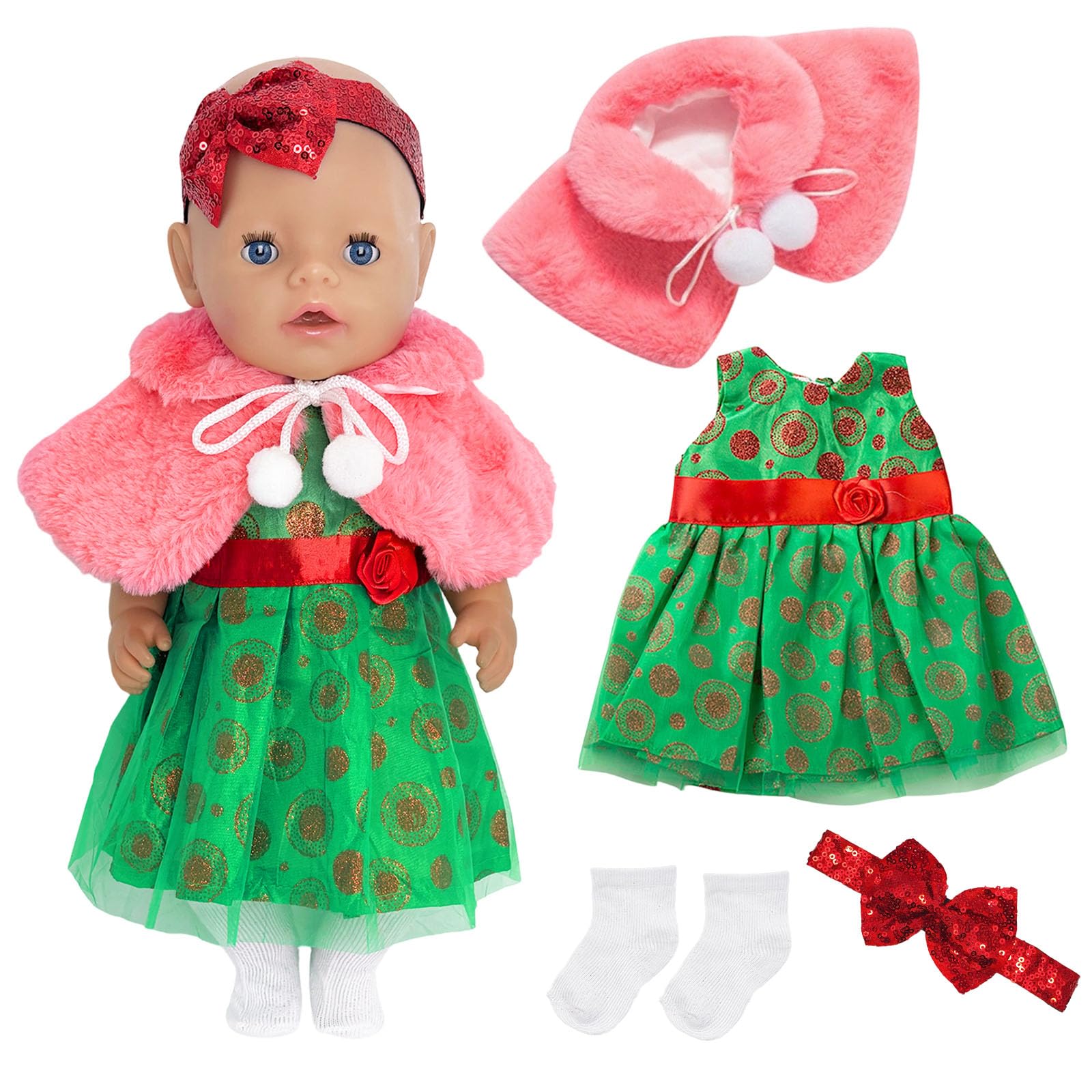 4Pcs Doll Clothes for 14-18 inch Baby Dolls, Doll Clothes 30-45 cm, Green Dress Plush Cloak Sequined Headpiece Socks Winter Baby Dolls for Girls New Born Girls Birthday New Year Gifts